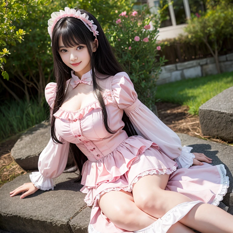 best quality, delicate face,blush, 1 girl, black hair, Long curly hair, blunt bangs, Smile, pink skirt, pink ta dress, layered skirt, Lolityle long skirt,21 years old female,穿着pink lolita d(dreamy atmosphere:1.1)、Masterpiece、born、Scenes resembling fairy tale illustrations、huge breasts,hands on hips,Wide cuffs cover hands,whole body,in the garden,The background is the garden,Detailed background