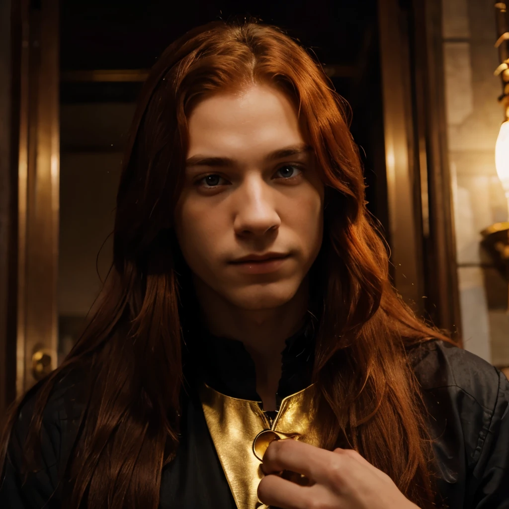 A boy with long red hair, gold eyes, holding a magic