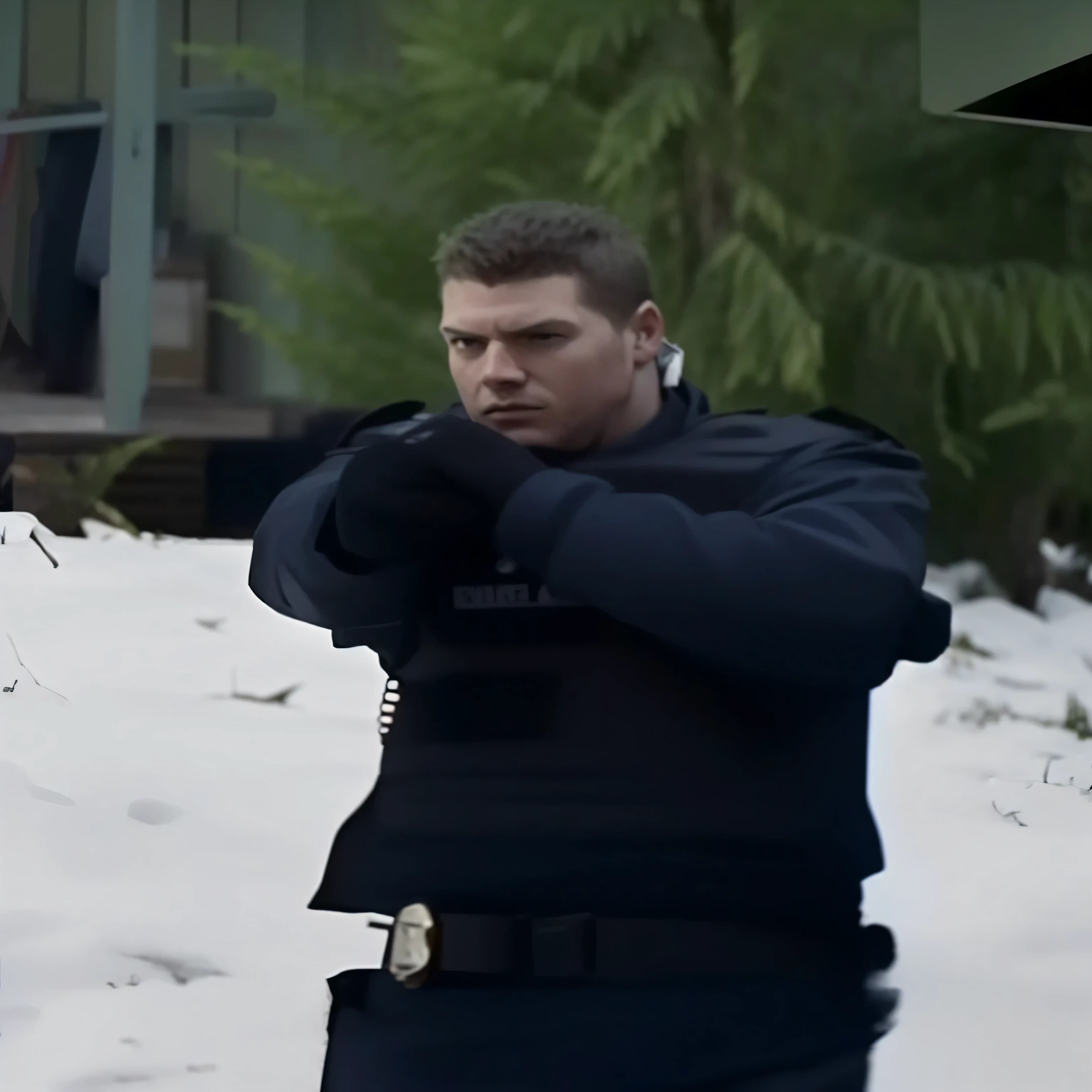 There's a man dressed with a gun, Murder in the Snow, Movie《Frozen 2 Klaus》, in action pose, looks like jerma985, There is only snow in the background, Shoot from Movie, dramatic gun pose, Frozen Claus Movie, Scenes from Denis Villeneuve's movies, David Boreanaz as Chris Redfield, forrest in background