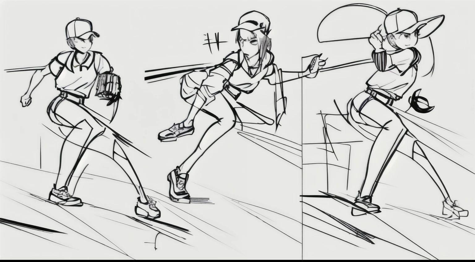 Illustration of a woman in baseball uniform holding a bat, humble gesture, dynamic pose perspective, dynamic perspective pose, line drawing, anime poses, rough art style, line drawing!!, Character posing, epic angle and pose, Character design sketches, perfect dynamic pose, anime girl running, cool pose, various postures, clean lines, posture study
