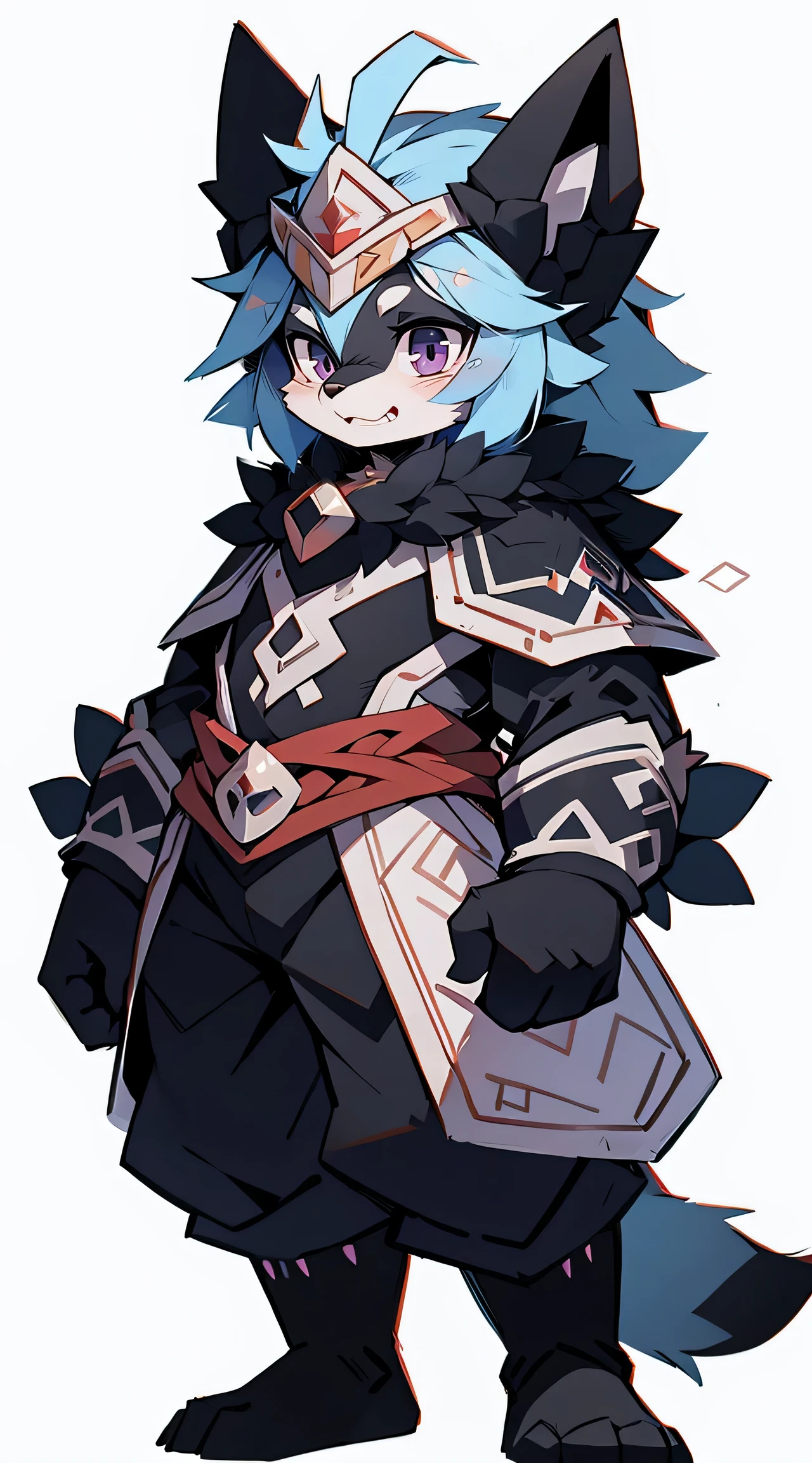 blue wolf purple eyes, , cabelos preto e longos, coda, The chest is slightly raised,red and black costume,with smile,Two small ears,white skinned