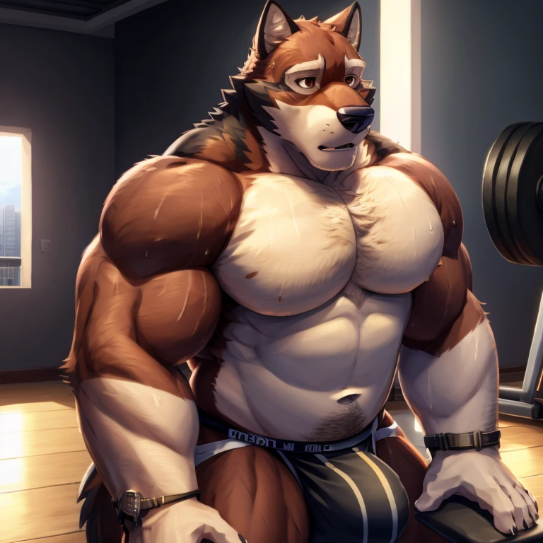 Leo Alvarez, big butt, jockstrap, portrait, bara, all fours pose, solo, wolf tail, ((detailed face), (detailed eyes:1.0), detailed)), thick thighs, daddy, 4k, HI res, by otake, BARA pecs, 5 fingers, sweat, hd, brown eyes, masterpiece, big PECS, chest hair, navel hair, bulge, big bulge, tight clothing, dick slip, gym, daddy, hairy navel hair, balls slip