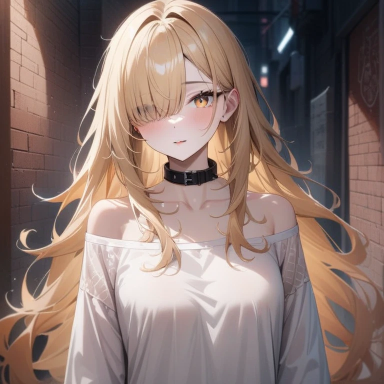 Hyper-realistic 8K CG, masterpiece, ((Super detailed background, Exquisite pattern, intricate details)), best quality, intricate detailss, Color difference, 1 girl, long hair, blond hair, messy hair, red highlights, hair covering one eye, sharp vision, collar, brick wall, doodle, dim lights, alley, oversized shirt,Off the shoulders, see through white shirt, masterpiece, best quality