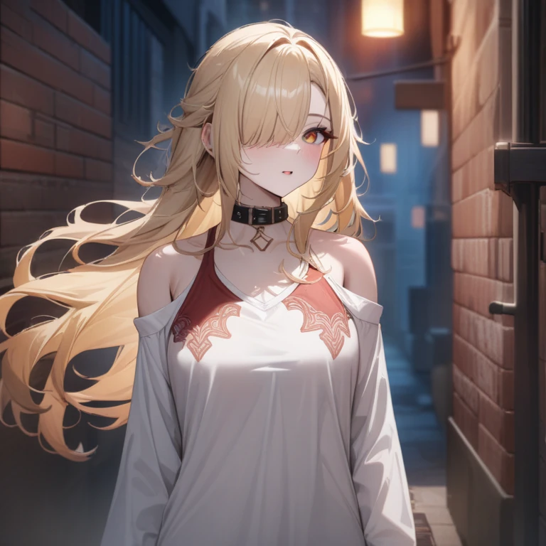 Hyper-realistic 8K CG, masterpiece, ((Super detailed background, Exquisite pattern, intricate details)), best quality, intricate detailss, Color difference, 1 girl, long hair, blond hair, messy hair, red highlights, hair covering one eye, sharp vision, collar, brick wall, doodle, dim lights, alley, oversized shirt,Off the shoulders, see through white shirt, masterpiece, best quality