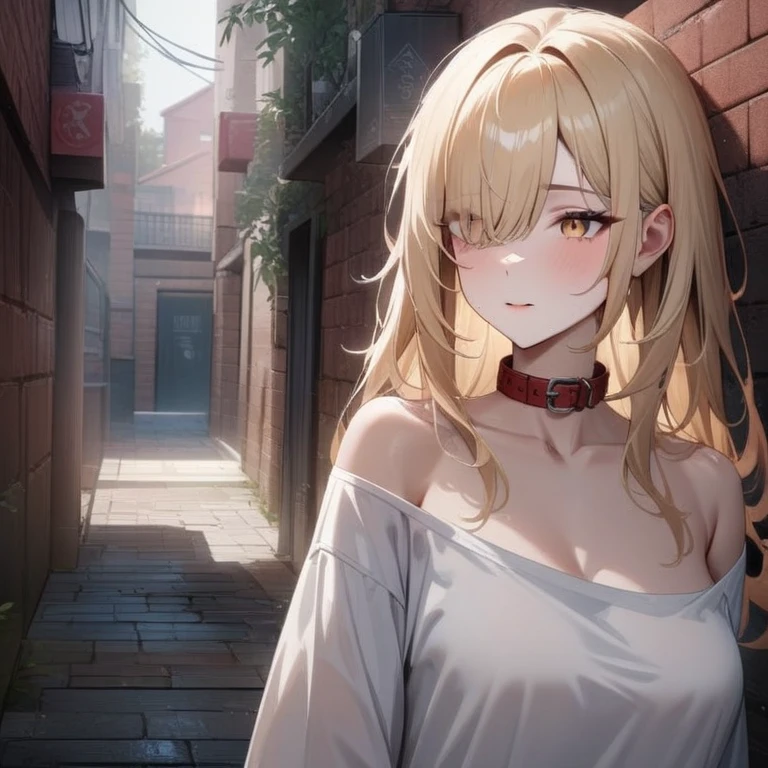 Hyper-realistic 8K CG, masterpiece, ((Super detailed background, Exquisite pattern, intricate details)), best quality, intricate detailss, Color difference, 1 girl, long hair, blond hair, messy hair, red highlights, hair covering one eye, sharp vision, collar, brick wall, doodle, dim lights, alley, oversized shirt,Off the shoulders, see through white shirt, masterpiece, best quality