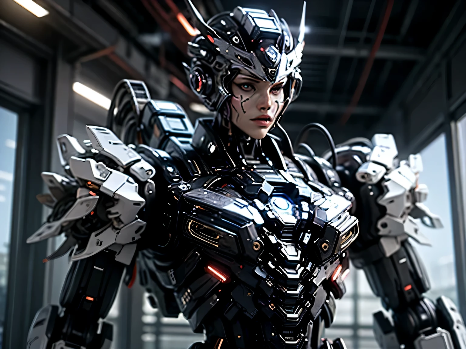 top quality, future world, A beautiful woman combined with a state-of-the-art robot, Transforms into a cyborg except for the face and other parts, up to the model, sexy images, The wires are connected to the back of the body.., As sexy as possible, Partial exposure of chest and lower body, I can see my whole body, The place is indoors with a view of the outside.. Face Enhancement