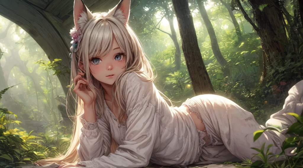 A professional high-quality photo, in 4K resolution, captures in realistic detail a charming girl in a fluffy white pajama with ears and foxtail. She is sitting in the middle of an enchanted forest, where every element is portrayed to perfection. The textures of the pajamas, ears and tail are sharp and palpable. Sunlight falls on the leaves and gently illuminates the girl's face, highlighting each delicate and charming expressive 