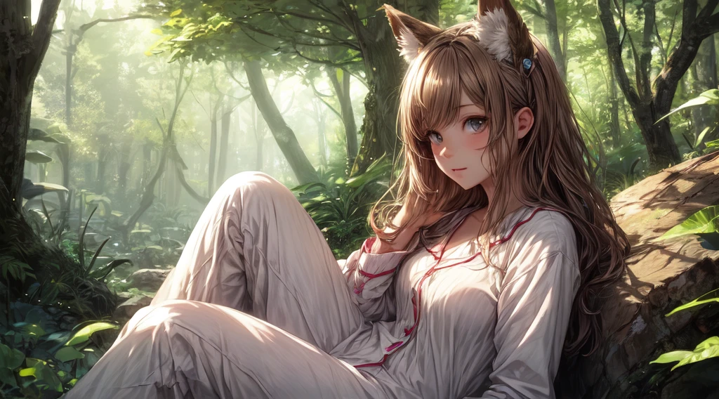 A professional high-quality photo, in 4K resolution, captures in realistic detail a charming girl in a fluffy white pajama with ears and foxtail. She is sitting in the middle of an enchanted forest, where every element is portrayed to perfection. The textures of the pajamas, ears and tail are sharp and palpable. Sunlight falls on the leaves and gently illuminates the girl's face, highlighting each delicate and charming expressive 
