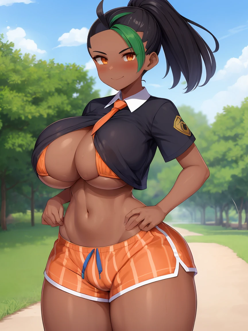 masterpiece, best quality, nemona, 1girl, dark skinned female, tan skin, orange necktie, busty, orange shorts, midriff, looking at viewer, white button down shirt, short sleeves, smile,hands in pockets, short shorts, boob curtain, undersized clothes, underboob, skindentation, undersized shorts, large ass, thick thighs, low rise shorts