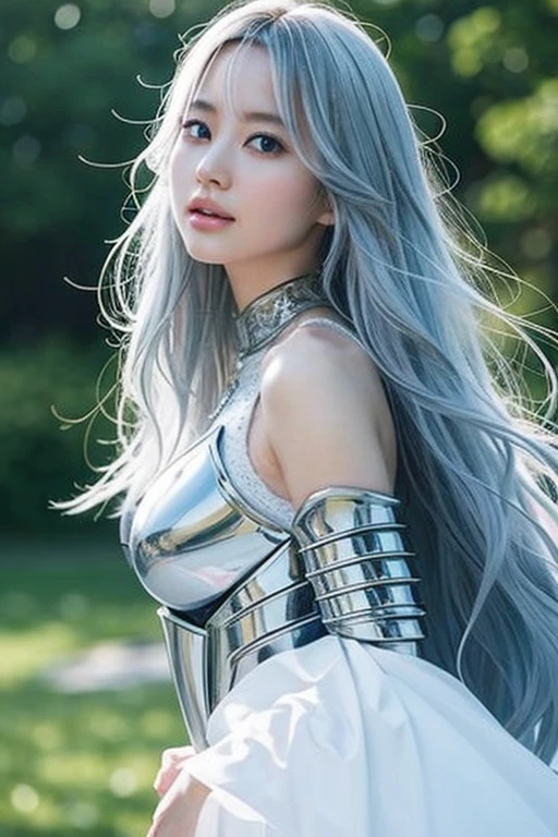 8K、Big breasts Super detailed、masterpiece、highest quality、(very detailed)、dynamic angle、mysterious look、wind effect、fantasyの背景、rim lighting、cinematic light、超A high resolution、8k eh、film grain、best shadow、delicate、to be born、particles of light、Fine skin texture、Detailed armor texture、detailed face、Complexディテール、Super detailed、shine、powerful scam、silver armor、(Has a weapon)、Slashing、Slashing Action、big and full breasts,Scapula、shine目、 long cloak、fantasy、(to be bornきto be bornきとした)、shoulder armor、Complex、Complex、perfect lighting、looking at the viewer、movie lighting、fly in the sky、Flight、holy light、wonderful、bangs、that'the wind is strong、frozen mountain々々、long wavy white hair、lich queen,sexy,charm,short bob,Complex装飾が施された胸部装甲,