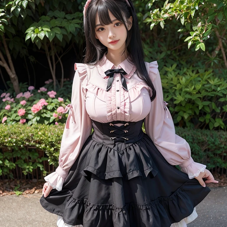best quality, delicate face，blush， 1 girl, black hair, Long curly hair, blunt bangs, Smile, pink skirt, pink lolita dress, layered skirt, Lolita style long skirt，21 years old female，穿着pink lolita dress(dreamy atmosphere:1.1)、​Masterpiece、born、Scenes resembling fairy tale illustrations、huge breasts，hands on hips，Wide cuffs cover hands，whole body，in the garden，The background is the garden，Detailed background