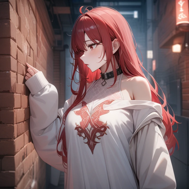 Hyper-realistic 8K CG, masterpiece, ((Super detailed background, Exquisite pattern, intricate details)), best quality, intricate detailss, Color difference, 1 girl, long hair, red hair, messy hair, red highlights, sharp vision, collar, brick wall, doodle, dim lights, alley, oversized hoodie ,Off the shoulders, see through white shirt, masterpiece, best quality