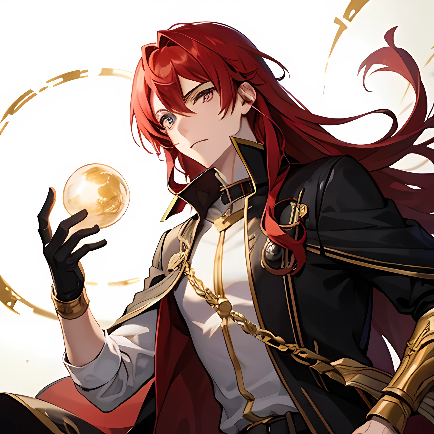 A boy with long red hair, gold eyes, holding a magic