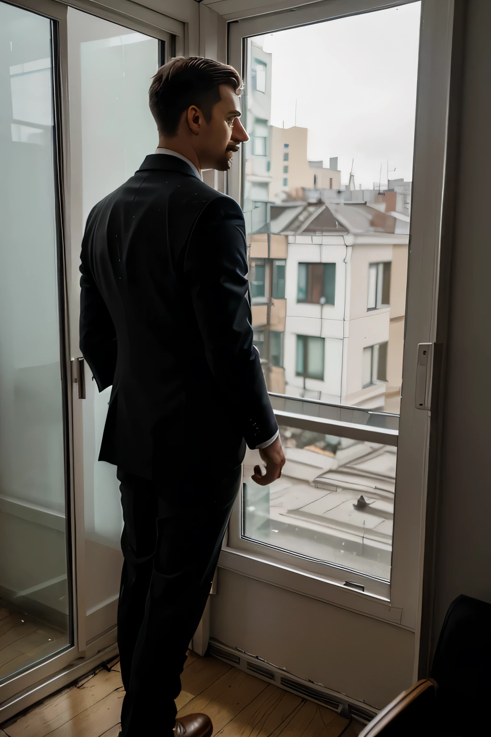 A young mustachioed man Pavel in a suit stands with his back in the frame and looks into the hole left from the broken window fragments from which the daytime street is visible.