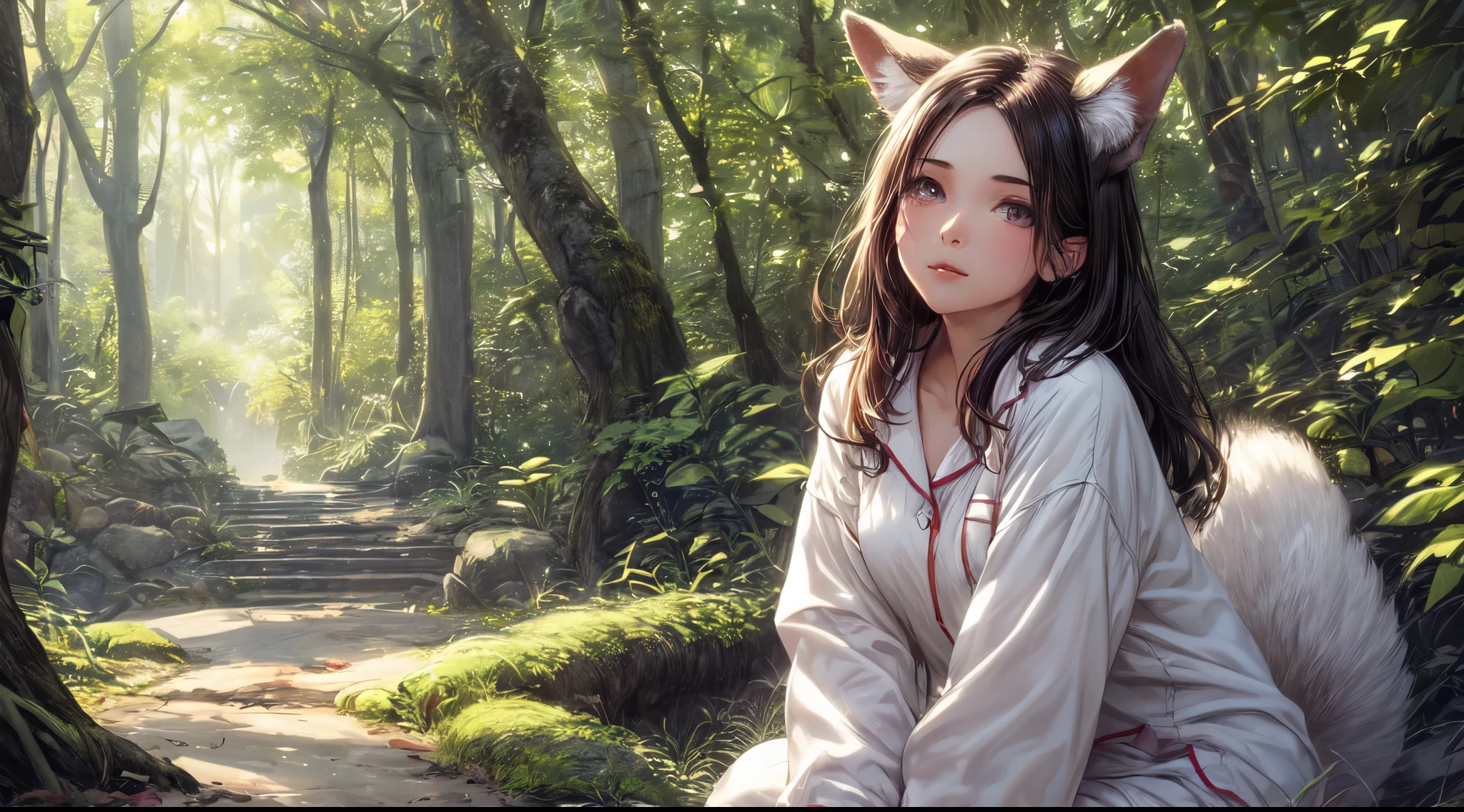 A professional high-quality photo, in 4K resolution, captures in realistic detail a charming girl in a fluffy white pajama with ears and foxtail. She is sitting in the middle of an enchanted forest, where every element is portrayed to perfection. The textures of the pajamas, ears and tail are sharp and palpable. Sunlight falls on the leaves and gently illuminates the girl's face, highlighting each delicate and charming expressive 