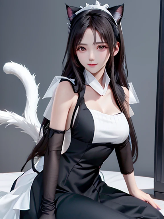 Cat ear details，Seductive eye details，black and white maid clothes，White scarf，Fair and delicate skin，The tail is exposed，Pounce on the desktop，3Drenderingof