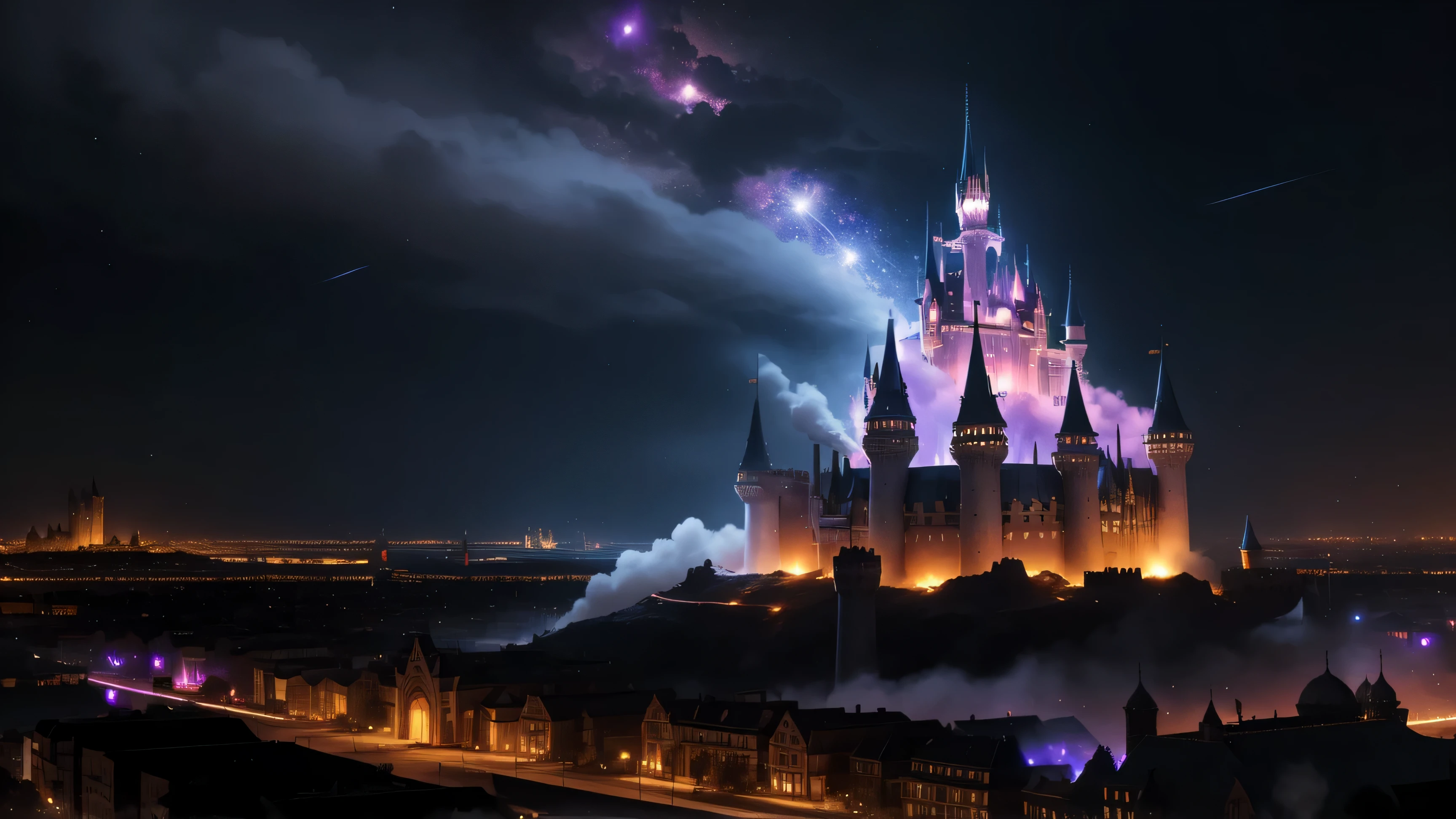 Huge, ethereal city with a castle that's all destroyed, enveloped in shimmering stardust,while burning down against a vivid night sky.