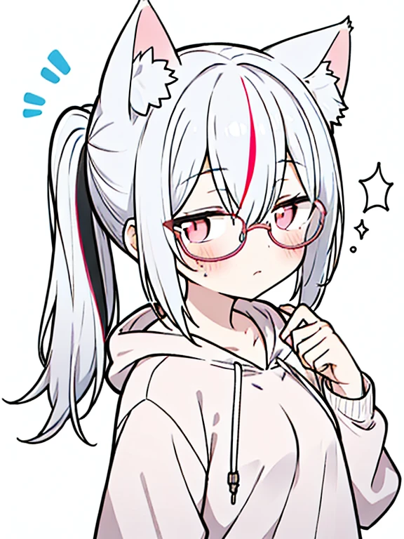 best quality, masterpiece, 1 girl, loli, upper body, hairs between eyes, female, pink eyes, long hair, small breasts, glasses, pony-tail, expressionless, wink , cat ears, white hair, silver hair, streaked hair,hoodie, ??????,
