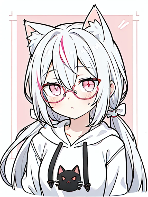 best quality, masterpiece, 1 girl, loli, upper body, hairs between eyes, female, pink eyes, long hair, small breasts, glasses, pony-tail, expressionless, wink , cat ears, white hair, silver hair, streaked hair,hoodie, murder,