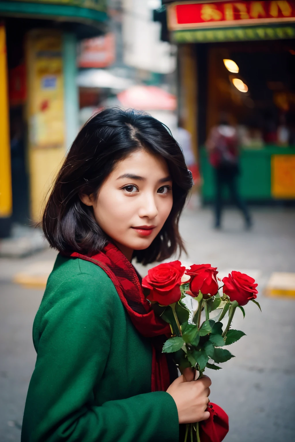 Candid street portrait inspired by Vivian Maier, featuring a stylishly dressed woman of age 24 in 2024 Nepali background holding a rose bouquet in hand