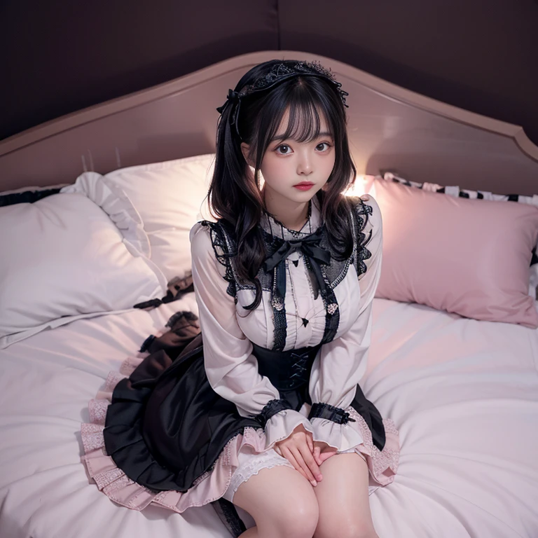 best quality, delicate face，beautiful visual work, lifelike, 2 girls, eternal, black hair, Long curly hair, blunt bangs, Smile, pink skirt, pink lolita dress, layered skirt, Lolita style long skirt,分層連衣裙 lace-trimmed 裙子, decorate, lace, long sleeve, puff sleeves, wide sleeves, Transparent sleeves, hair accessories, 在flower园里, flower, Detailed background,  delicate face，pink blush，White knee-length socks, Pink shoes，Lots of lace，(masterpiece)、(top quality)、8K、high detail、super detailed，21 years old female，穿着pink lolita dress(dreamy atmosphere:1.1)、​masterpiece、born、Scenes resembling fairy tale illustrations、Intricate details showcase the ruffles and intricate designs of the Lolita dress、beautifully、magic、capricious、 beautifully、Dream aesthetics、「𝓡𝓸𝓶𝓪𝓷𝓽𝓲𝓬」、realism、Visual effect、FXAA、SSAO、shader、voiceless、ambient lighting、Tone mapping、High resolution、ultra high definition、megapixel、(8K resolution:1.10)、8K、Below 8K、8K resolution、high detail、intricate details， (high quality:1.2、​masterpiece:1.2、:1.21)、(21 years old female:1.21)、(興奮地Smile)、(Surrounded by the dreamy atmosphere、High heel、Model diagram，full-body shot，Knee-high 白色的 lace socks,Sweet Lolita，Normal 2 feet，Pink shoes，Baotou shoes，silver crown tiara，Don't show your fingers，lolita cake dress，Thousand layer skirt，Every layer has lace，The skirt has a hem，cold，huge breasts，hands on hips，Wide cuffs cover hands，2 girls