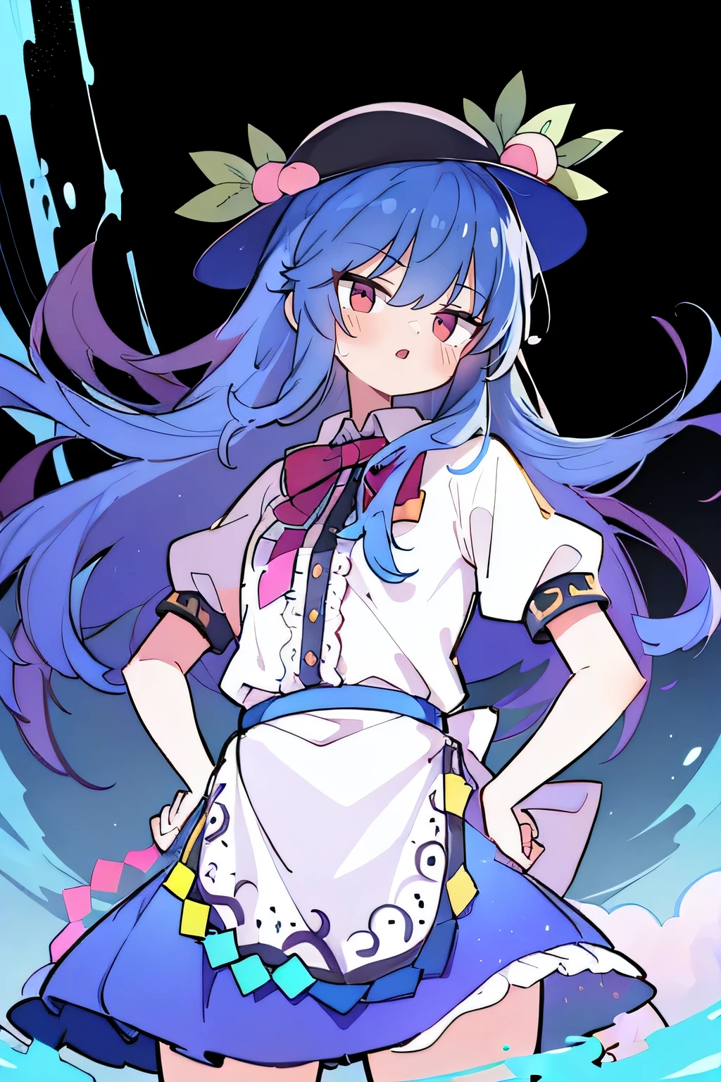 (masterpiece),best quality, expressive eyes, perfect face, 1girl,
 hands on waist,beautiful, gorgeous,anime,girl,lora,hinanawi tenshi, blue hair, blue haired, floating clothes,waist grab, grabbing waist, mains sur les hanches , hands on hips,flat chest