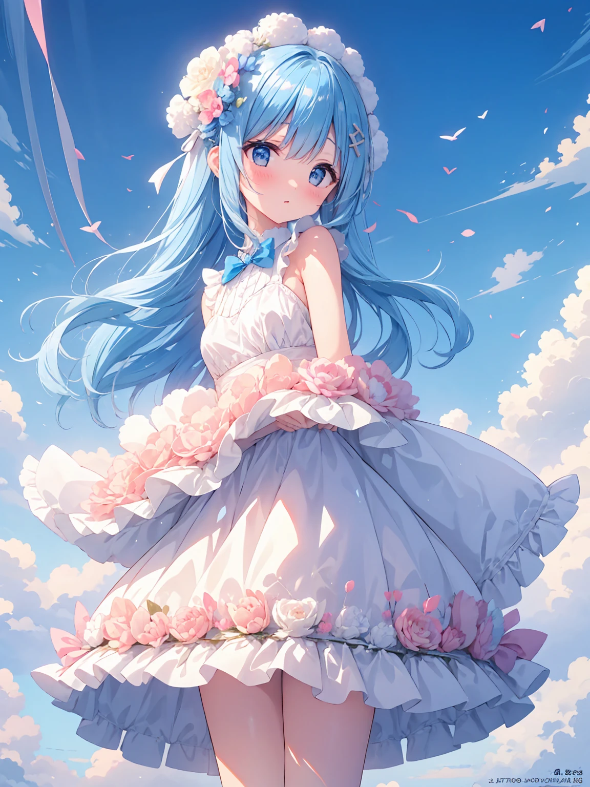 (ultra-intricate pupil in eyes, shiny eyes), long eyelashes, double eyelids, parted lips, kawaii, cute, , slender, (ultra delicate and beautiful skin), , perfect anatomy, dynamic angle, BREAK (masterpiece, best quality), (ultra-detailed 8K), (perfect design), absurdres, highres, ((blush)), (super fine illustration), ((light blue long hair))), old, long hair ((blush)), masterpiece, best quality, (amazing,blunt bangs), high resolution, cute face, masterpiece, best quality, extremely detailed, anime, beautiful girl, blue hair, wind, solo, depth of field, masterpiece, best quality, extremely detailed, (blue sky BACKGROUND: 1.3), SMALL BREASTS,beautiful detailed eyes,,full body,
There is a big white rabbit,Surrounded by a lot of little white rabbits、
Holding the little white rabbit,There are a lot of little white rabbits around,The background is a large meadow、 in a long dress holding a little rabbit hairpin in one hand,Holding one dressed in pink at a large amusement park,A little bunny wearing a scalloped bow hairpin
