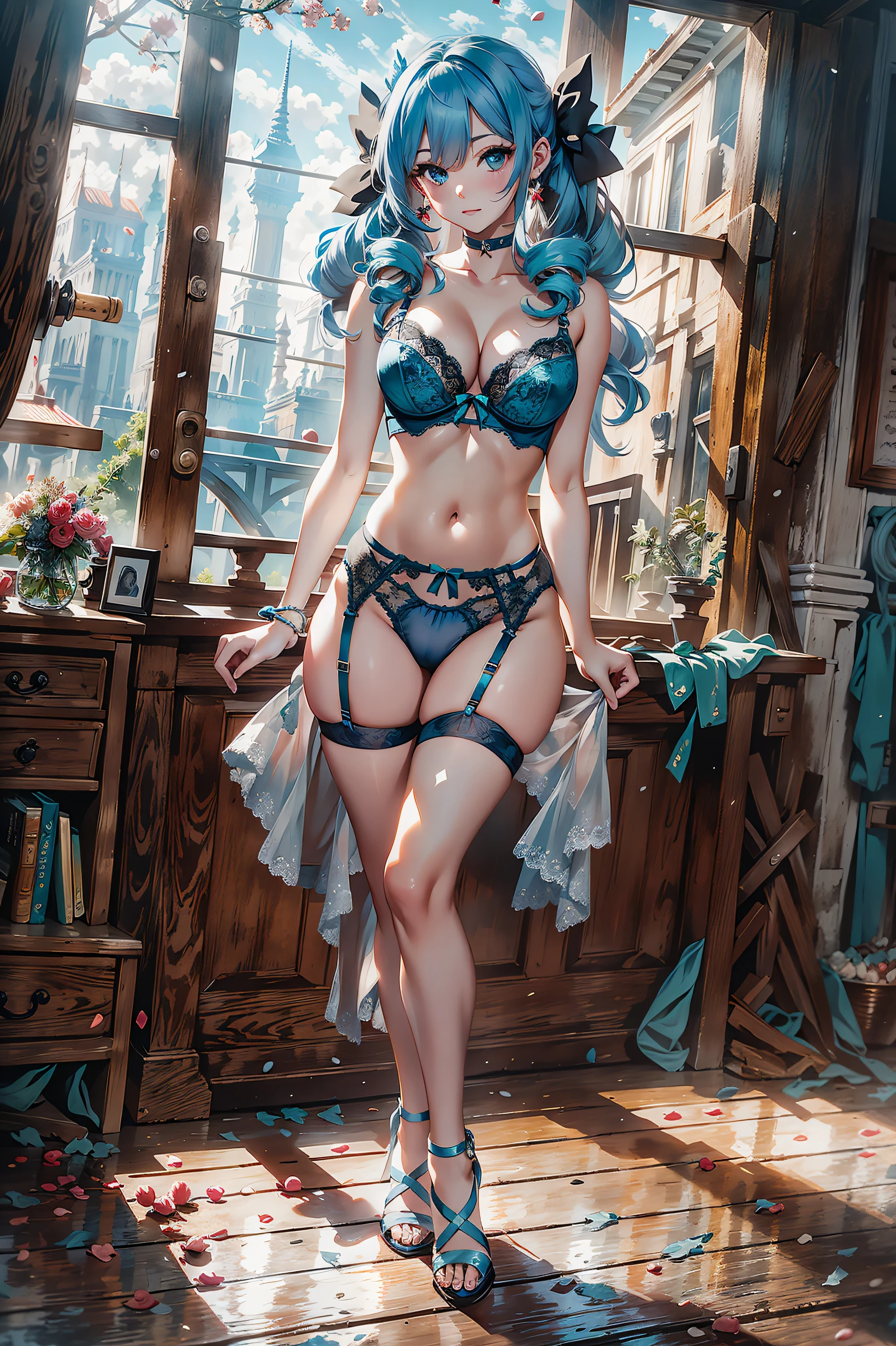 absurd, 8K, High Resolution, Ultra Detailed, Beautiful, Masterpiece, Best Quality, Very Pretty Woman, Young, Very Pretty Woman, Sexy, Straight Hair, Sexy, Detailed Female Face, Very Attractive, (blue lingerie:1.4), full body, btpt-fc, Gwen, long hair, twintails, drill hair, bow, blue hair, hair bow, blue eyes,