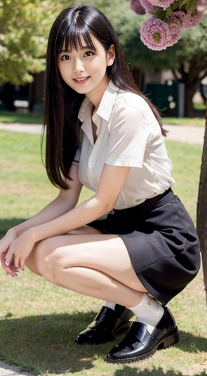 Close-up of a woman posing for a photo,  japanese model model, 16 year old female model,  4k、small breasts、bangs、black haired、middle hair、straight hair、(white shirt, Tight Skirt:1.2),　(Super cute face with idol style:1.2)、slim and beautiful body、beautiful breasts、laughter、full body esbian、The background is an empty park、beautiful feet、sexy pose、white socks、Black Loafer Shoes、