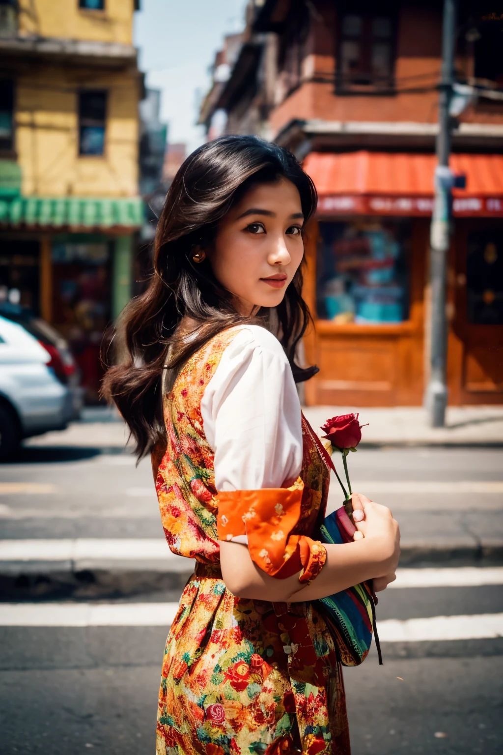 Candid street portrait inspired by Vivian Maier, featuring a stylishly dressed woman of age 24 in 2024 Nepali background holding a rose bouquet in hand