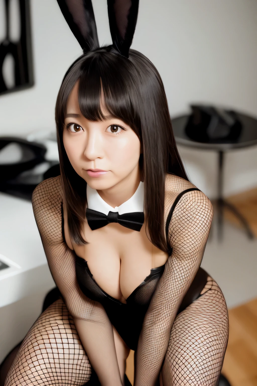 1 girl, beautiful, cute, professional lighting, highest quality,well-groomed face,long hair,(playboy bunny:1.5), beautiful, black leotard pantyhose , black pantyhose, bow tie, (Fishnet tights:1.3), big breasts, crouching,