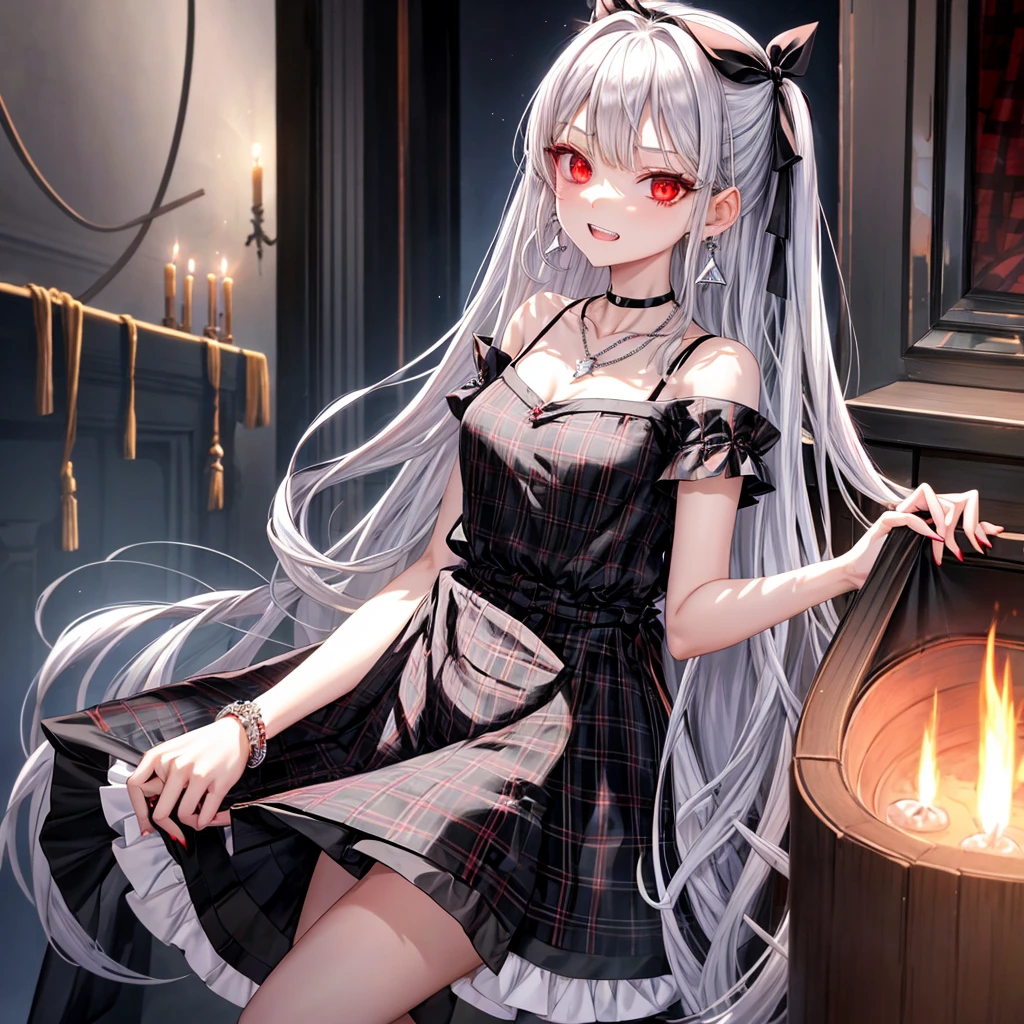 silver hair、red eyes、one good looking girl、solo、anime、plaid mini skirt、black camisole、black t-shirt、dress、wearing a ribbon、ribbon at waist、crystal earrings、jewelry necklace、Light and shadow、tilting one's face、teeth are visible、pillar、skylight、fireplace、evil looking face