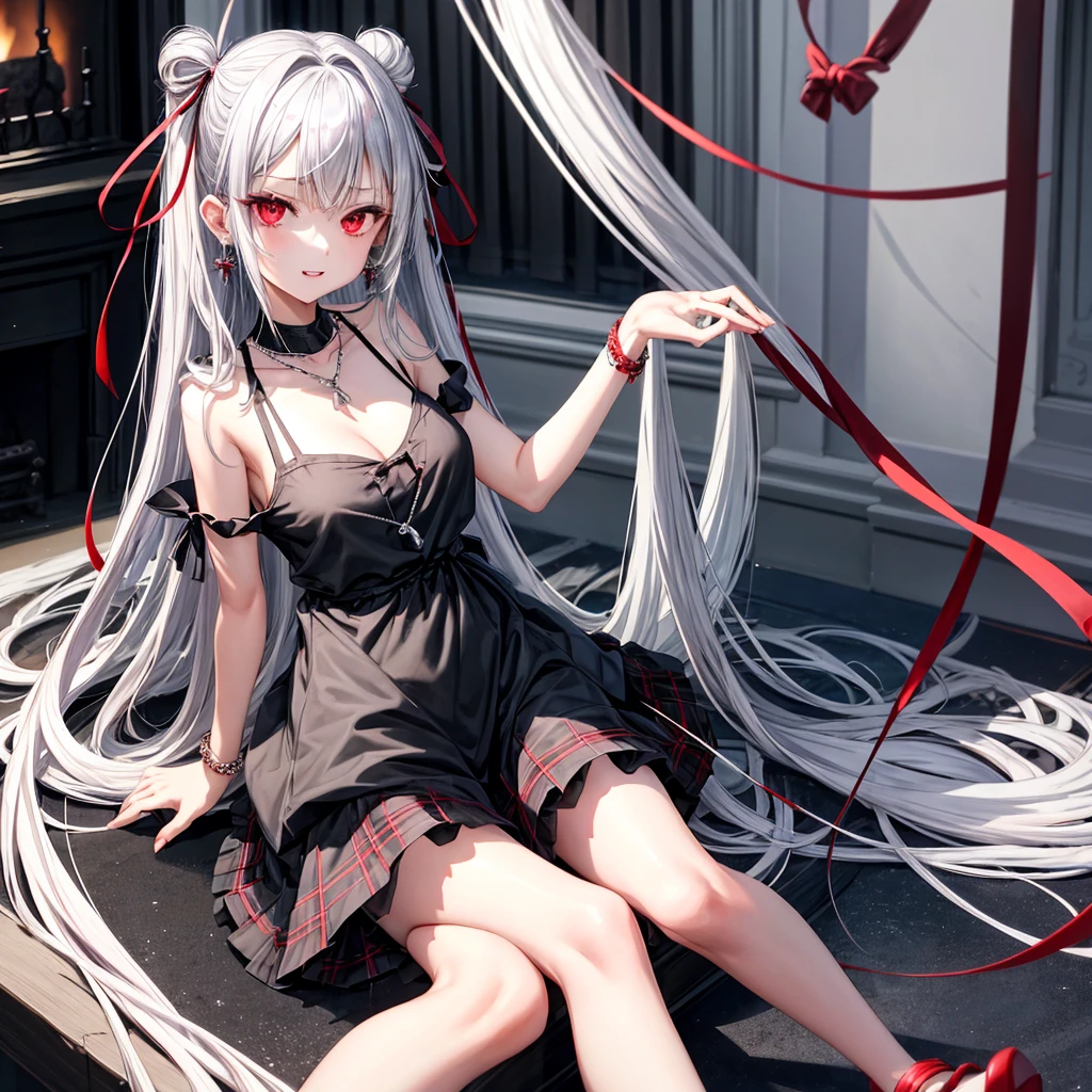 silver hair、red eyes、one good looking girl、solo、anime、plaid mini skirt、black camisole、black t-shirt、dress、wearing a ribbon、ribbon at waist、crystal earrings、jewelry necklace、Light and shadow、tilting one's face、teeth are visible、pillar、skylight、fireplace、evil looking face