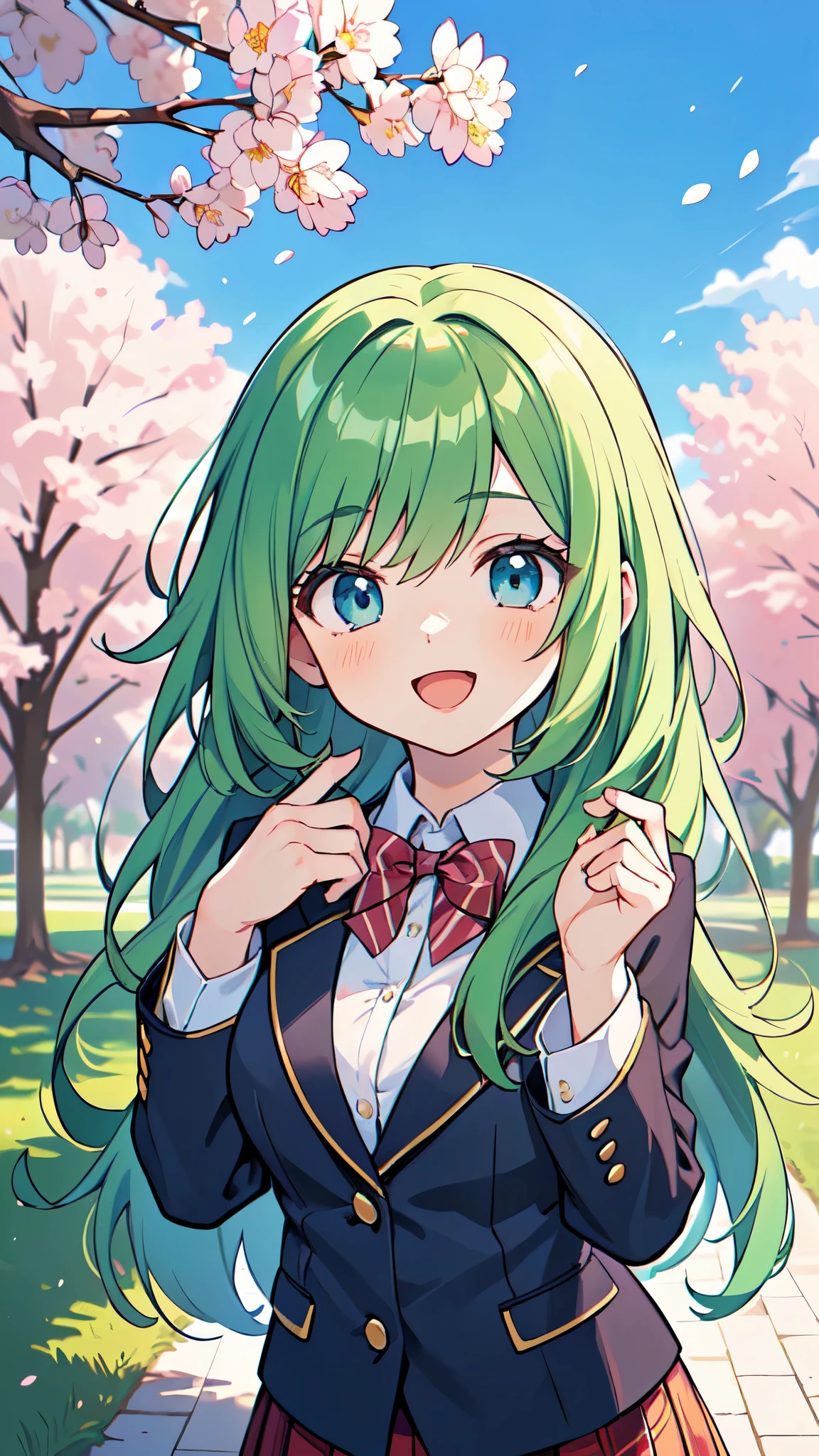 ((A Pretty High School girl with green hair and blue eyes)), ((wearing blazer uniform and plaid skirt)), , ((master piece, top-quality, ultra-definition, high resolution)), anime girl, ((ultra-detailed illust:1.2)), only one person, bangs, hair between eye, beautiful hair, Shiny eyes, Medium breasts, Big smile, opened mouth, cherry trees, schoolyard