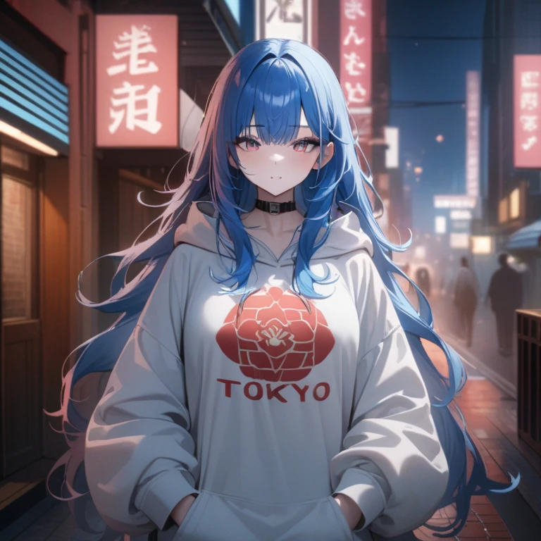 Hyper-realistic 8K CG, masterpiece, ((Super detailed background, Exquisite pattern, intricate details)), best quality, intricate detailss, Color difference, 1 girl, long hair, blue hair, messy hair, red highlights, sharp vision, collar, brick wall, neon lights , dim lights, Tokyo Street , oversized hoodie , see through white shirt, masterpiece, best quality