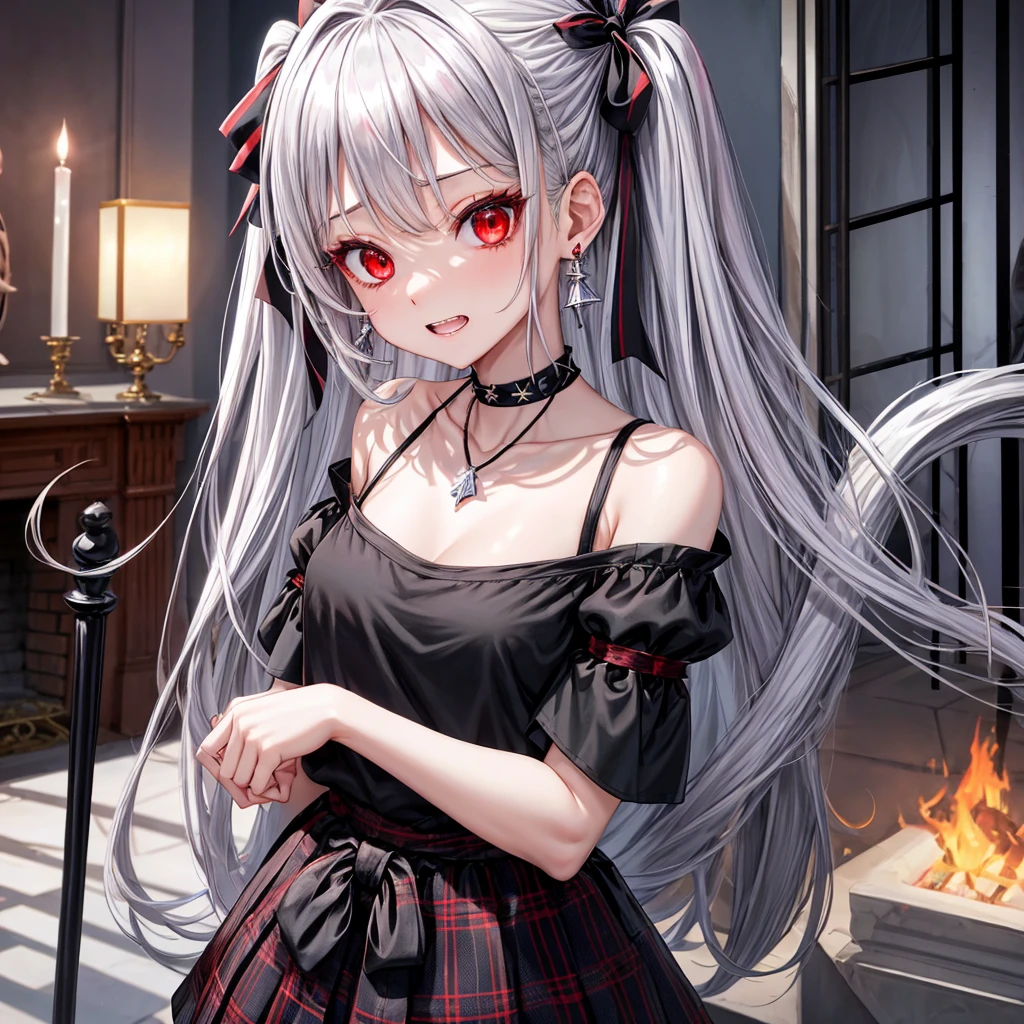 silver hair、red eyes、one good looking girl、solo、anime、plaid mini skirt、black camisole、black t-shirt、dress、wearing a ribbon、ribbon at waist、crystal earrings、jewelry necklace、Light and shadow、tilting one's face、teeth are visible、pillar、skylight、fireplace、evil looking face