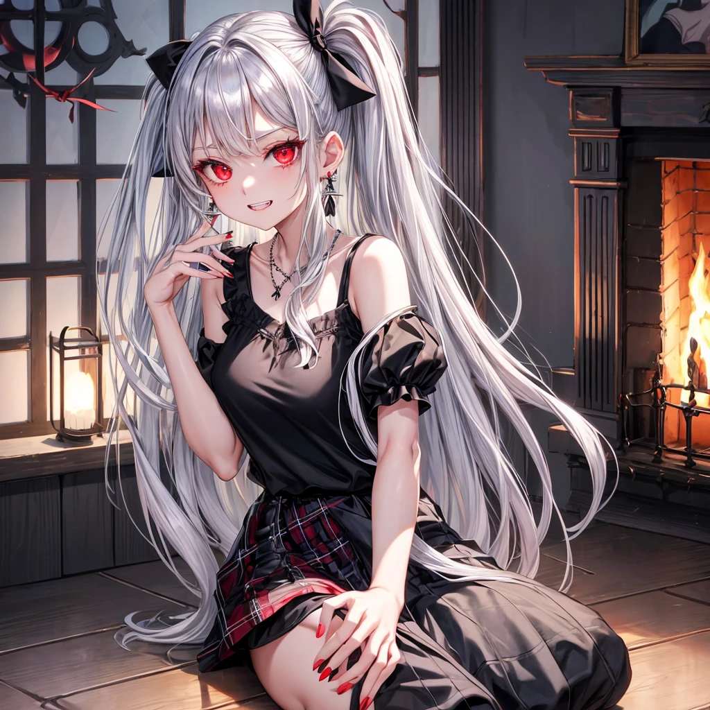 silver hair、red eyes、one good looking girl、solo、anime、plaid mini skirt、black camisole、black t-shirt、dress、wearing a ribbon、ribbon at waist、crystal earrings、jewelry necklace、Light and shadow、tilting one&#39;s face、teeth are visible、pillar、skylight、fireplace、evil looking face