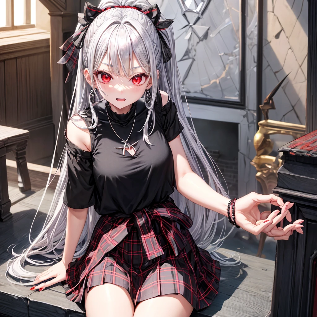 silver hair、red eyes、one good looking girl、solo、anime、plaid mini skirt、black camisole、black t-shirt、dress、wearing a ribbon、ribbon at waist、crystal earrings、jewelry necklace、Light and shadow、tilting one's face、teeth are visible、pillar、skylight、fireplace、evil looking face