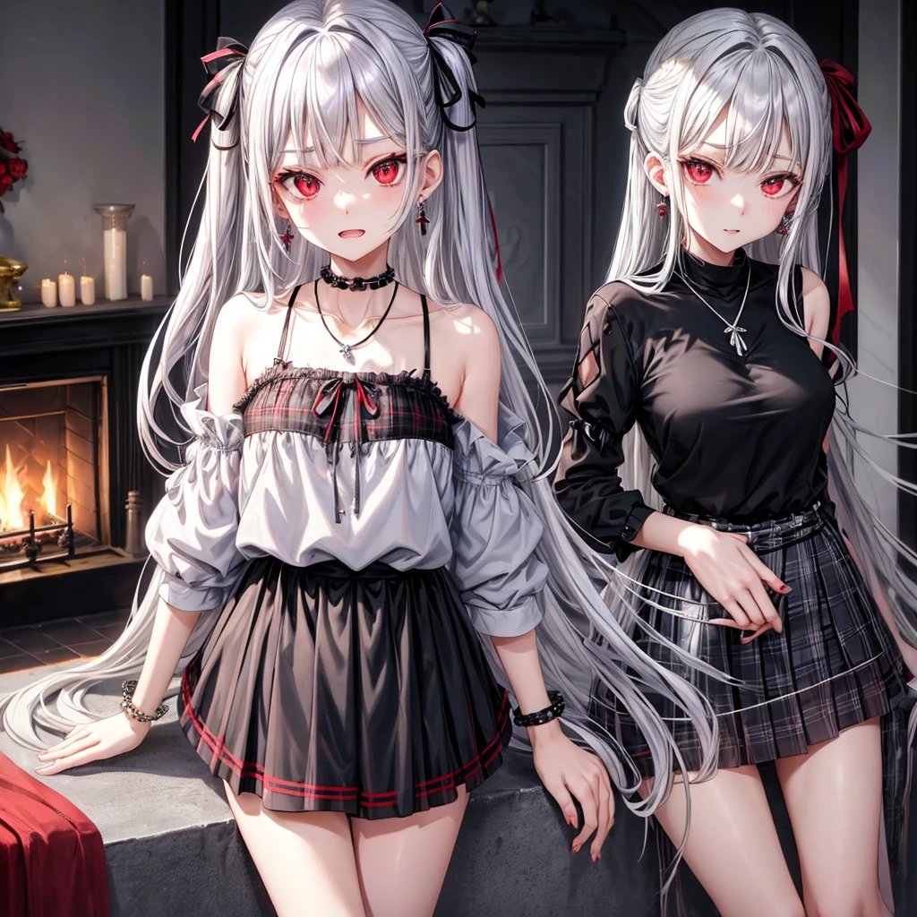 silver hair、red eyes、one good looking girl、solo、anime、plaid mini skirt、black camisole、black t-shirt、dress、wearing a ribbon、ribbon at waist、crystal earrings、jewelry necklace、Light and shadow、tilting one's face、teeth are visible、pillar、skylight、fireplace、evil looking face