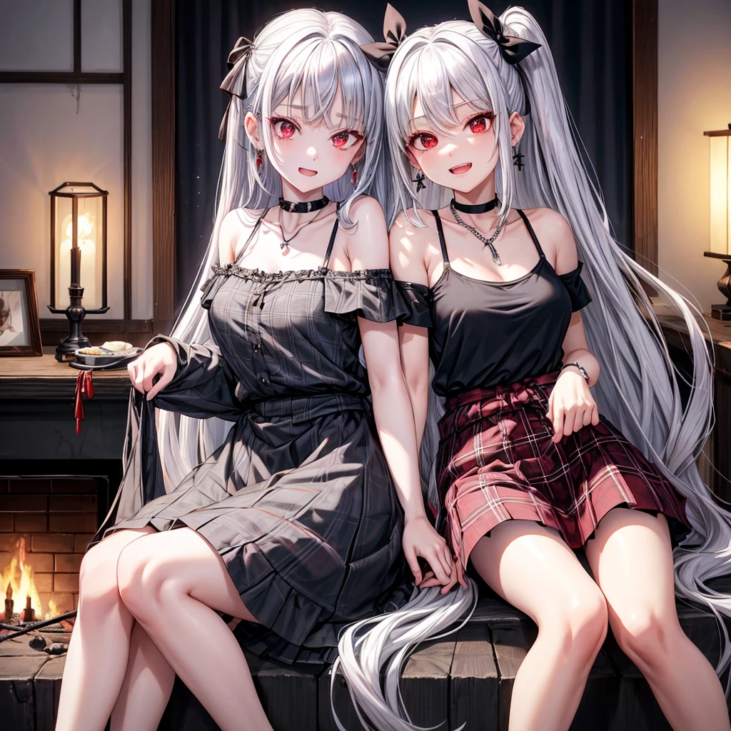 silver hair、red eyes、one good looking girl、solo、anime、plaid mini skirt、black camisole、black t-shirt、dress、wearing a ribbon、ribbon at waist、crystal earrings、jewelry necklace、Light and shadow、tilting one&#39;s face、teeth are visible、pillar、skylight、fireplace、evil looking face