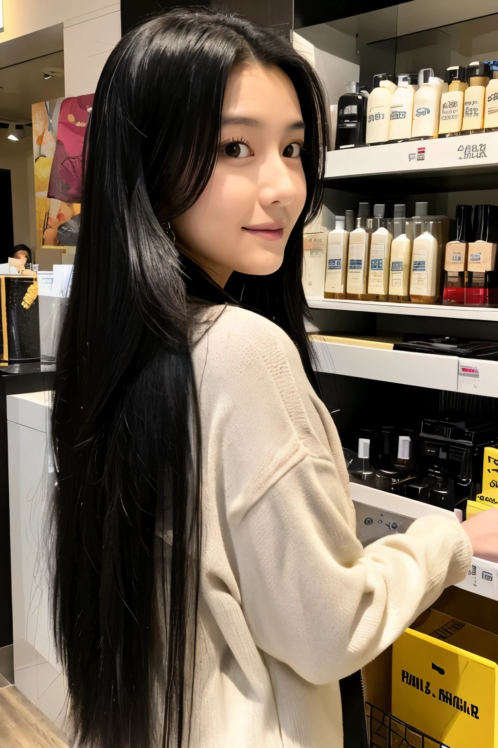 real、photograph、boutique clerk、Newcomer、long black hair、topless、slim body、beautiful legs、front、whole body、expression of embarrassment