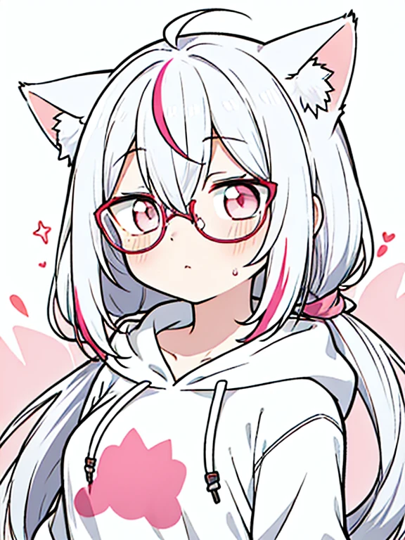best quality, masterpiece, 1 girl, loli, upper body, hairs between eyes, female, pink eyes, long hair, small breasts, glasses, pony-tail, expressionless, wink , cat ears, white hair, silver hair, streaked hair，hoodie,  murder, 