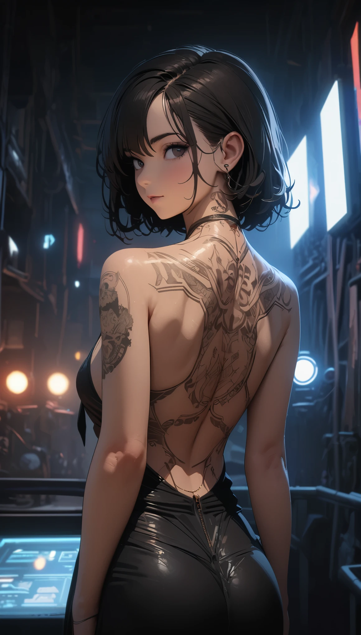 official art, unified 8k wallpaper, Super detailed, Beautiful and beautiful, masterpiece, best quality,，Low cut clothing，Beauty close-up，back，look back，tattoo艺术，tattoo，全身tattoo，full body portrait，Hojoji manga art style，Neon special effects，movie lighting，8k，best quality，masterpiece，OC renderer，