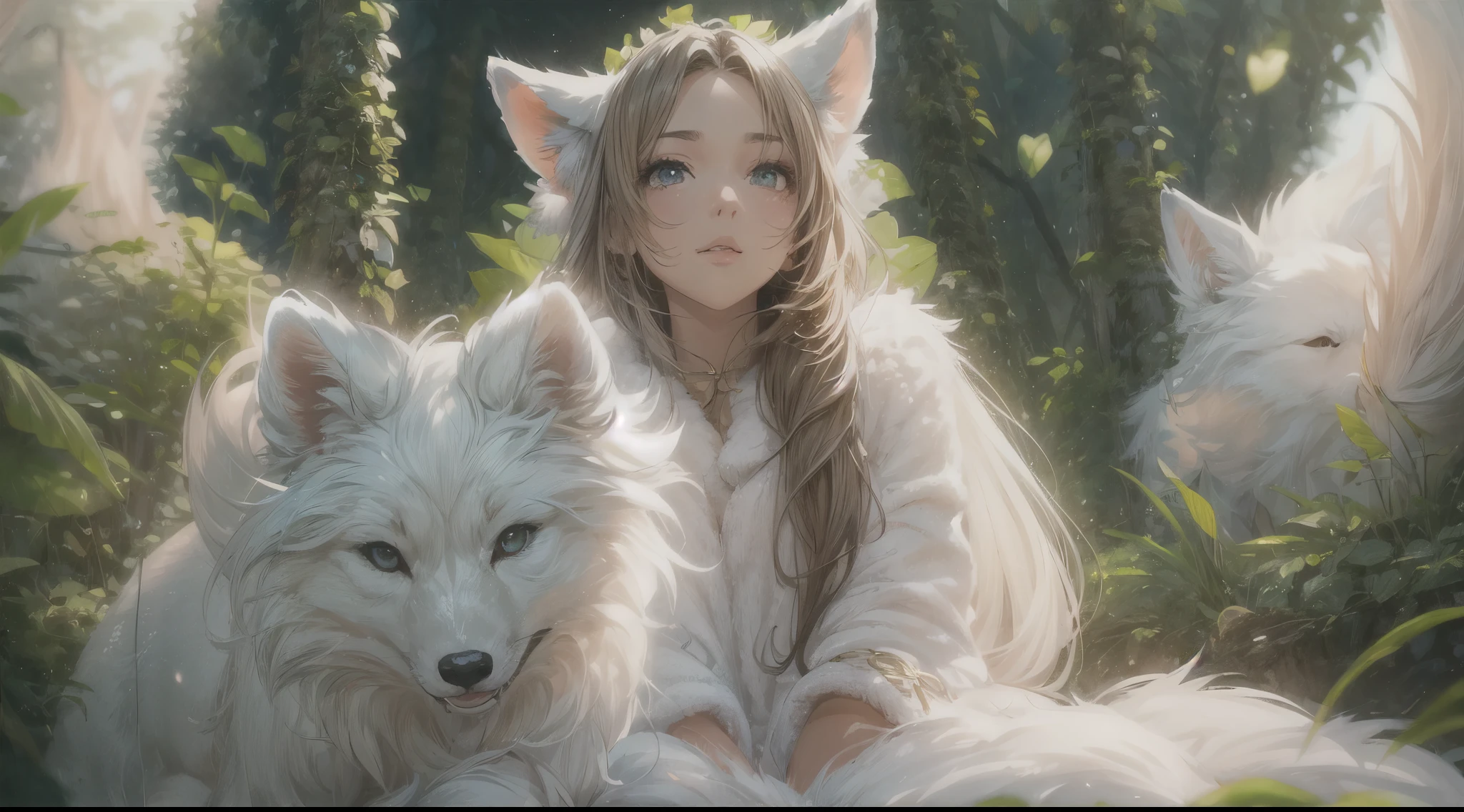 A professional high-quality photo, in 4K resolution, captures in realistic detail a charming girl in a fluffy white pajama with ears and foxtail. She is sitting in the middle of an enchanted forest, where every element is portrayed to perfection. The textures of the pajamas, ears and tail are sharp and palpable. Sunlight falls on the leaves and gently illuminates the girl's face, highlighting each delicate and charming expressive