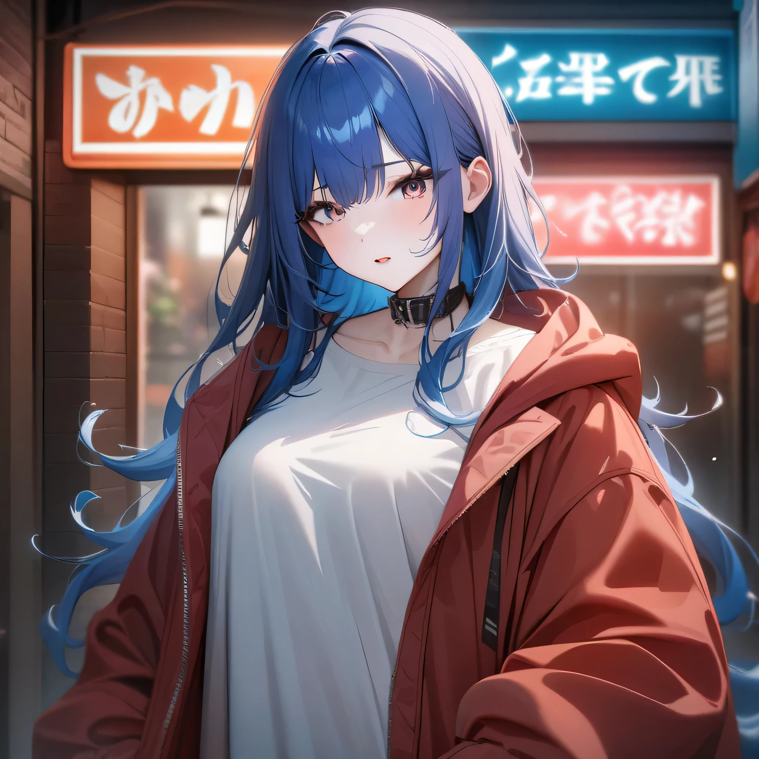 Hyper-realistic 8K CG, masterpiece, ((Super detailed background, Exquisite pattern, intricate details)), best quality, intricate detailss, Color difference, 1 girl, long hair, blue hair, messy hair, red highlights, sharp vision, collar, brick wall, neon lights , dim lights, Tokyo Street , oversized hoodie , see through white shirt, masterpiece, best quality