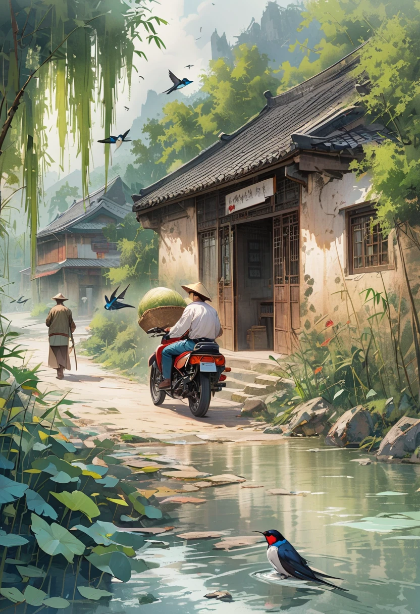 A man is driving a motorcycle with a woman on a country road. The woman is carrying a pair of baskets.,There are willow trees beside the road,bamboo,swallow,Gangnam atmosphere octane render, high detail,