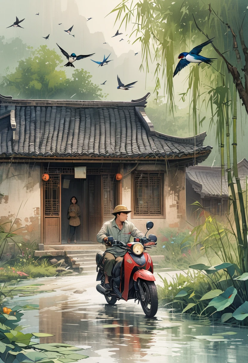 A man is driving a motorcycle with a woman on a country road. The woman is carrying a pair of baskets.,There are willow trees beside the road,bamboo,swallow,Gangnam atmosphere octane render, high detail,