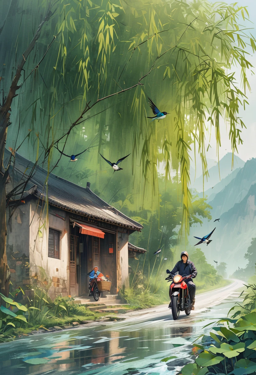 A man is driving a motorcycle with a woman on a country road. The woman is carrying a pair of baskets.，There are willow trees beside the road，bamboo，swallow，Gangnam atmosphere octane render, high detail,
