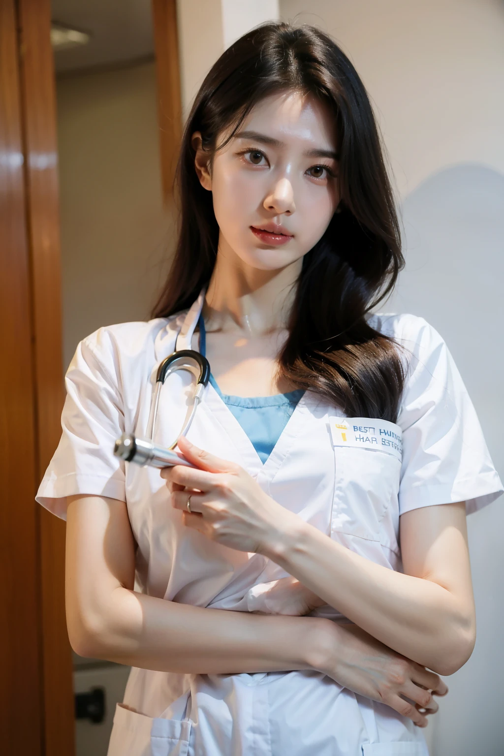 ((best quality)), ((masterpiece)), (detailed), perfect face, perfect body, 흰색 nurse복, nurse, hospital