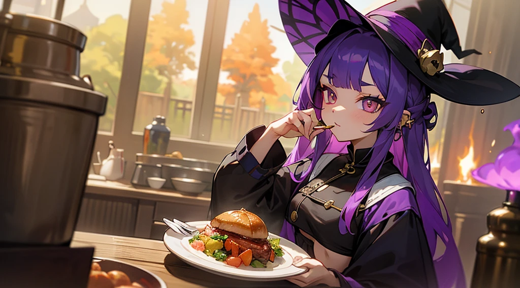 girl、Inner color mesh purple、two tone hairstyle、Thunder properties、golden eyes、evil eye、My eyes are sparkling、ear piercing、bellflower flower、Dragon Tribe、witch、belly button、mansion、set meal、ingredientake a dish、camper、cap、nature、bonfire
